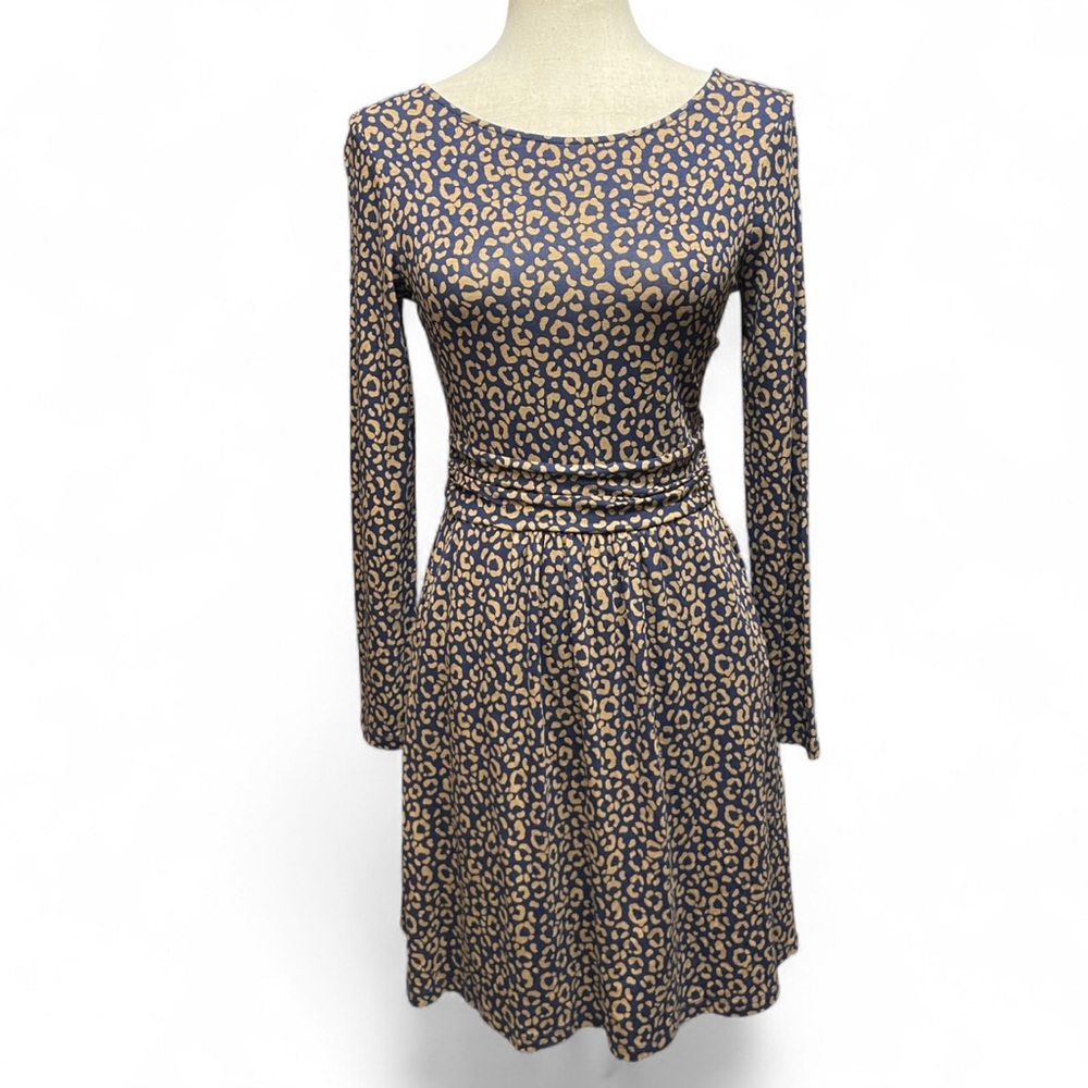 Boden Amelie Navy Cheetah Print Long Sleeve Classic Jersey Dress‎ US 2P
